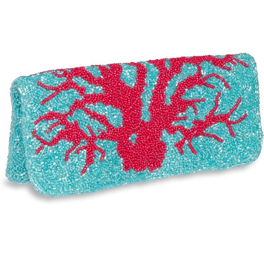 Beaded coral shell clutch.
